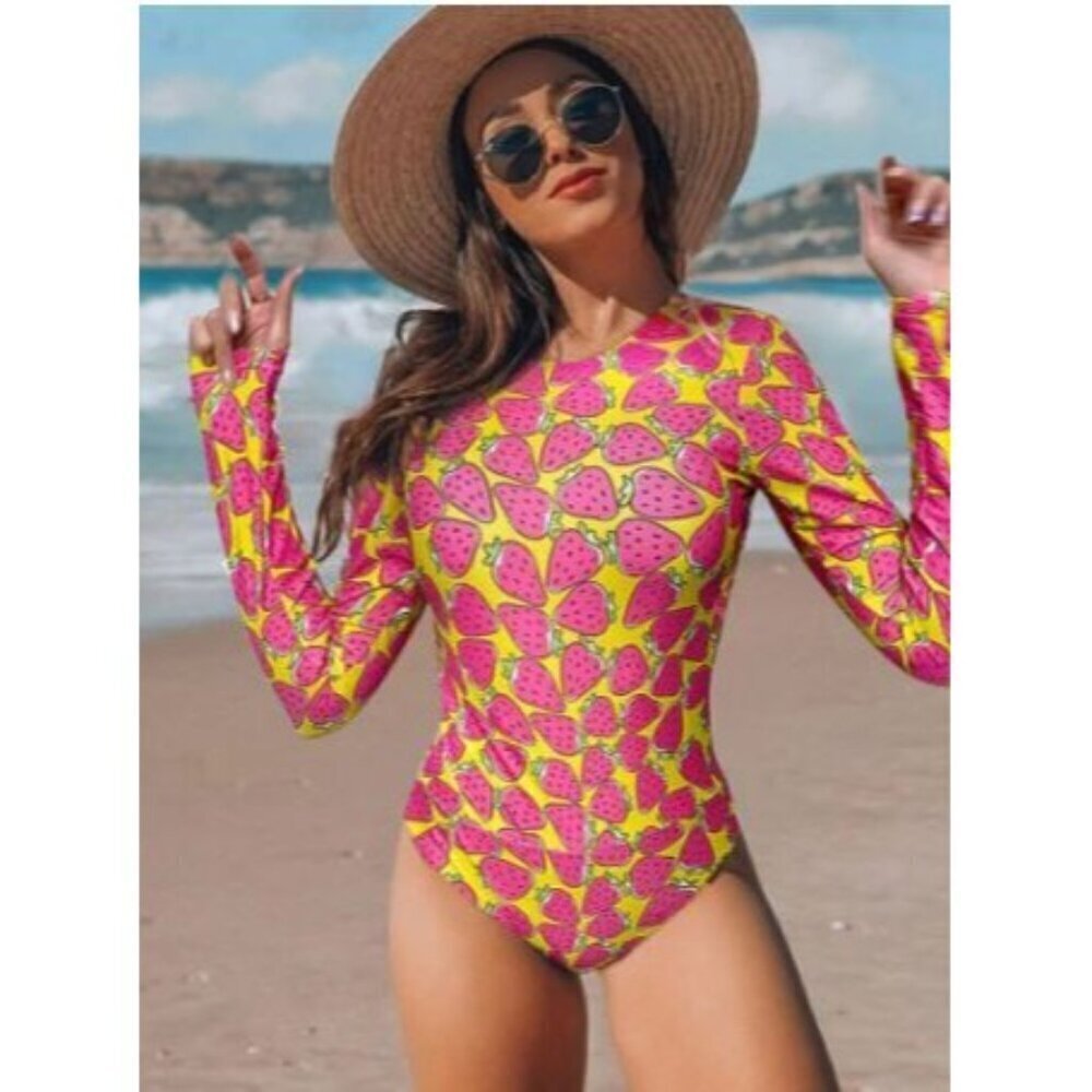 BeautyIn Women's Rash Guard Swimsuit Strawberry Print Open Back One Piece Bathin
